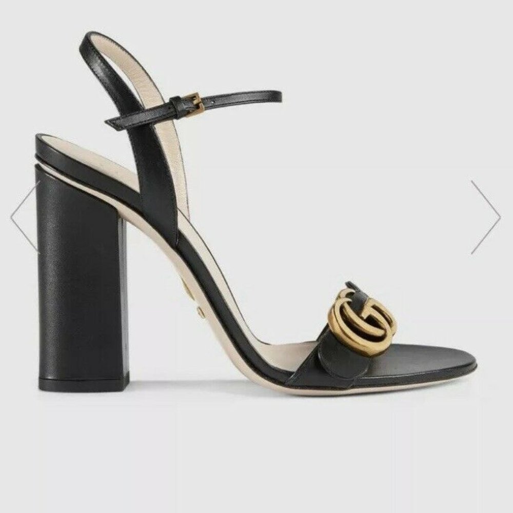 GUCCI GG MARMONT BLACK LEATHER 4" HEEL SANDALS